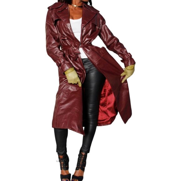 Etienne Aigner Jackets & Blazers - Vintage Gorgeous Deep Burgundy 100% Genuine Leather Belted Trench Coat